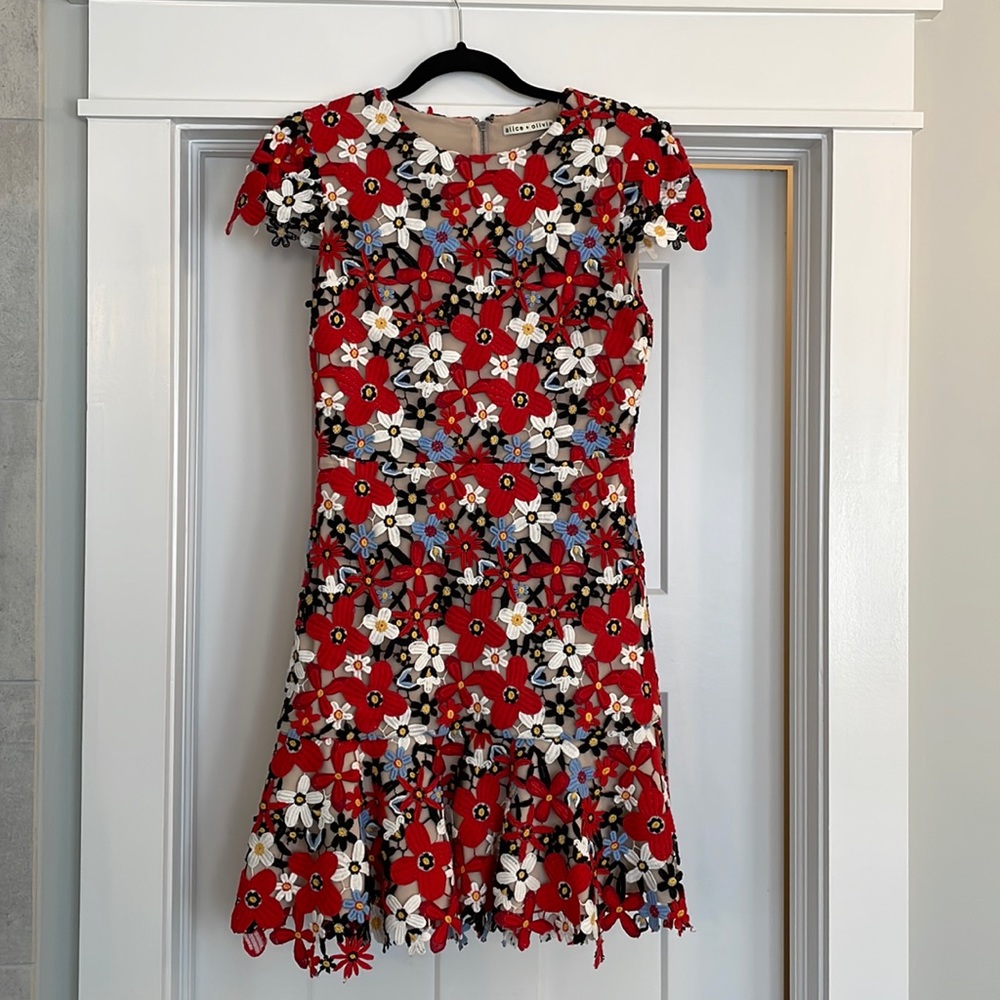 COPY - Alice + Olivia Red Imani cap sleeve floral mini dress. Like new!